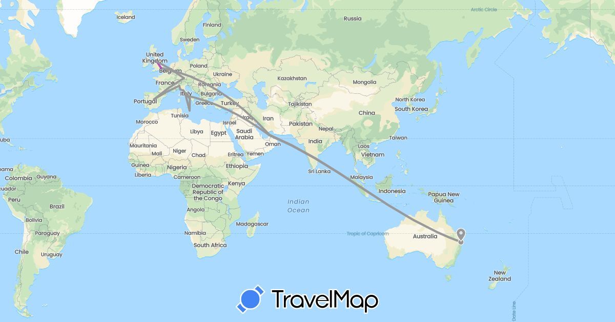 TravelMap itinerary: driving, plane, train in United Arab Emirates, Australia, Germany, Spain, United Kingdom, Italy, Malta (Asia, Europe, Oceania)